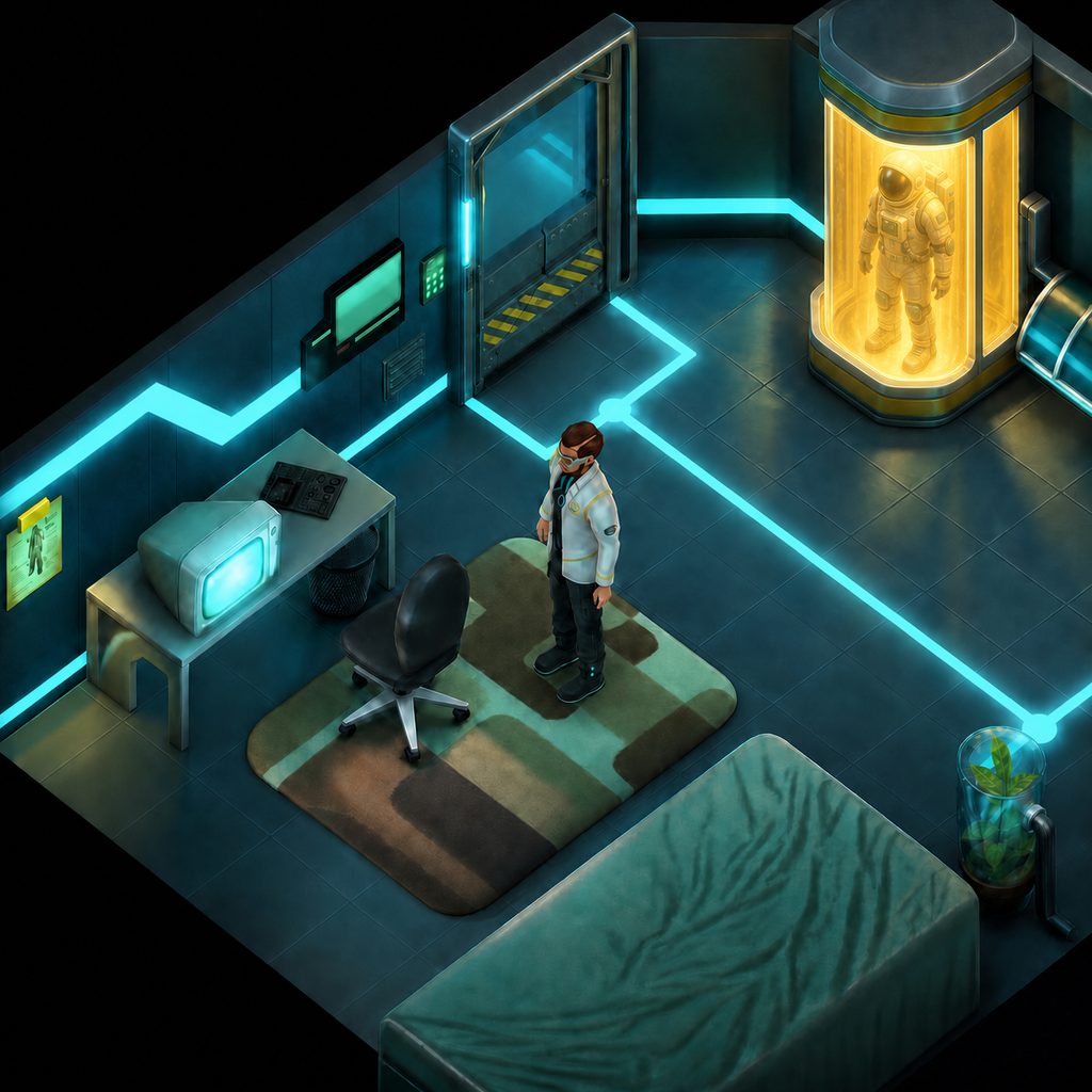 Time Machine sci-fi quest scene with a spacesuit in a glowing capsule